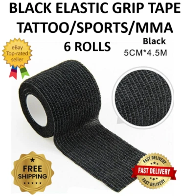 BLACK TATTOO GRIP TAPE COVER WRAP 5CMX4.5M ELASTICATED SELF-ADHERING (6 ROLLS)