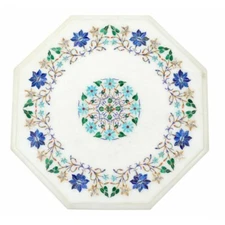 12" Marble Side Table Semi Precious Stones Work Handmade Inlay Decor