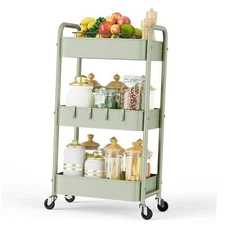  3 Tier Rolling Storage Cart, Metal Trolley Utility Cart with Wheels & Green