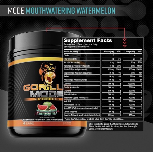 Gorilla Mode Pre-Workout Formula MouthWatering WATERMELON - 40 Portionen/800g - Bild 2 von 6