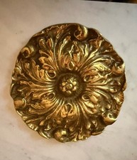 Antique Brass Curtain Tie Backs Large 4 3/8" Round Ornate Floral Medallions