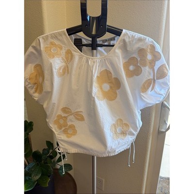 Madewell Embroidered Poplin Puff-Sleeve Cutout Crop Top Cottagecore Boho Gingham