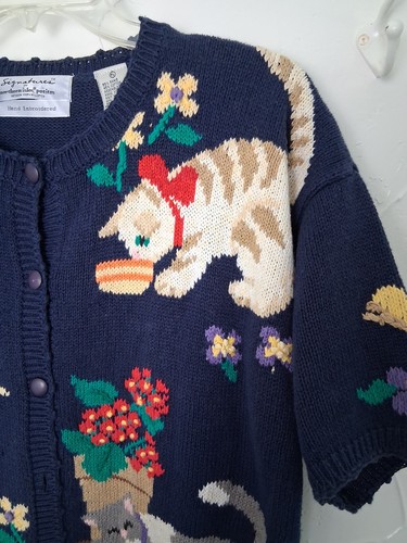 Vintage 90s Cat Sweater Size Large Petite Hand Embroidered Granny Cottage Core - Picture 8 of 14
