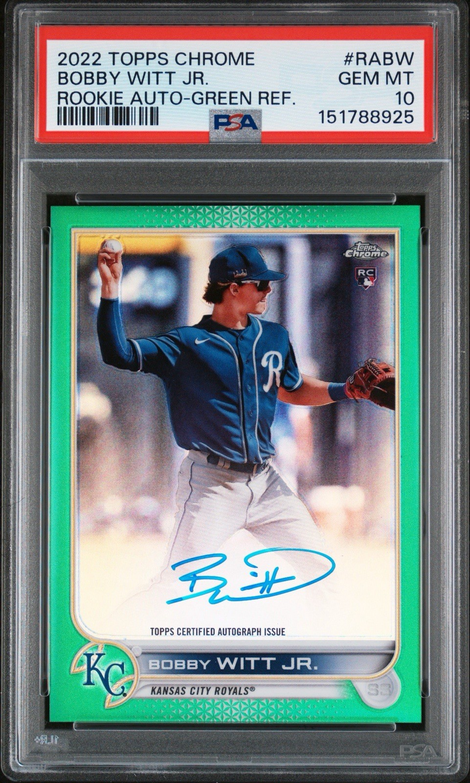 2022 Topps Chrome Bobby Witt Jr. Green Refractor Rookie Auto /99 PSA 10 #RABW