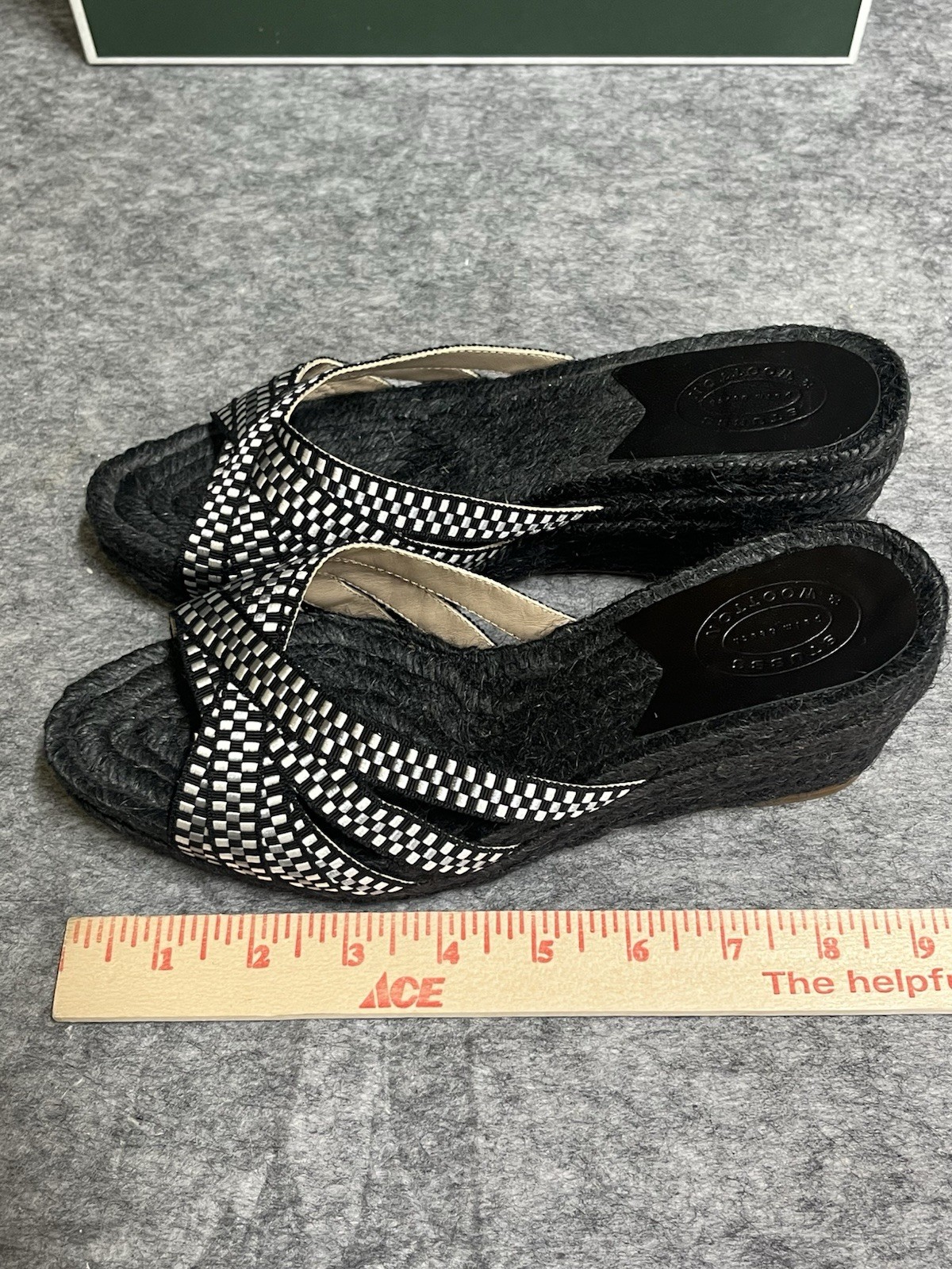 Stubbs Wooton Sandals Womens 7 Check Noir Kelly Espadrilles Wedges Rib Open Toe