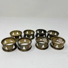 Vintage Lot Of 8 Round Brass Napkin Ring Holders Pine Tree Christmas Holiday