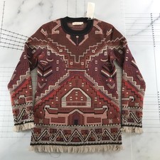 Tory Burch Sweater Womens S Multicolor Tapestry Jacquard Beaded Fringe Wool
