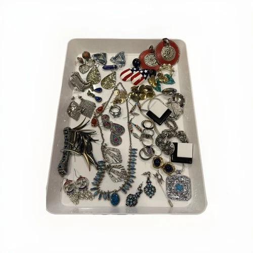 Costume Jewelry Earrings Necklaces Rings  Mostly Silver Tone Some Vintage