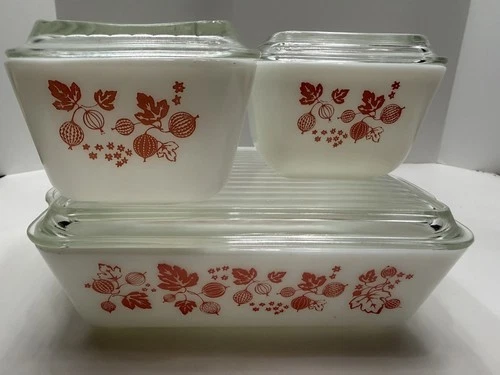 6pc Pyrex Vintage Gooseberry Pink Refrigerator Set Dishes 503 502 501 w/Lids EXC