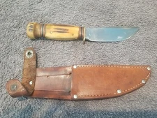 Antique Marbles 1916 Gladstone MI. Stag Handle Knife with Orig Leather Sheath 