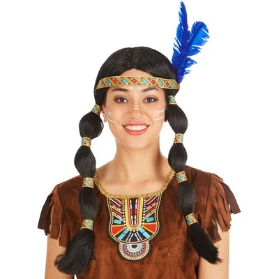 Perücke mit Zöpfe schwarz + Haarband Federn Indianer Indianerin Squaw Fasching - Bild 1 von 4