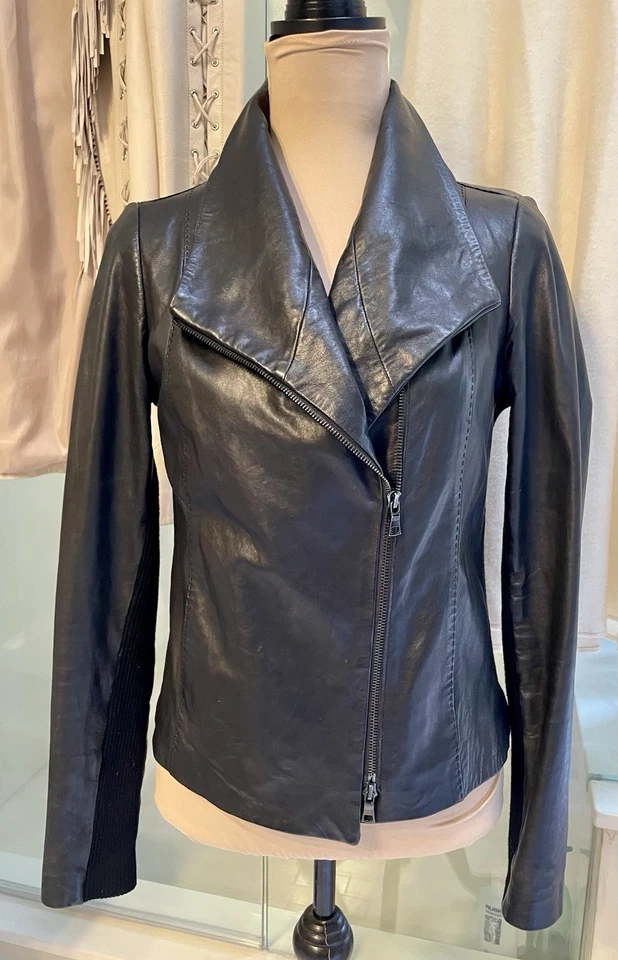 $995 Chaqueta Vince Piel de Cordero Negra Cuero Buceo Moto Talla Mediana Foto 4 de 4
