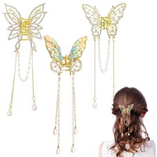 3 Pieces Butterfly Hair Claw Clip Butterfly Tassel Hair Clips Rhinestone Meta...
