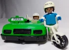 Vintage Playmobil police car, figures, hats, motorcycle, stop light, 1974-76