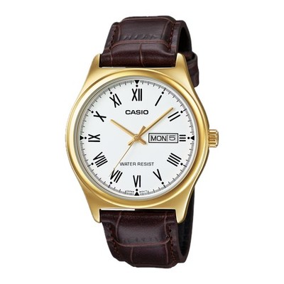 Casio Men s Gold-Tone Case Brown Leather Strap Watch - MTP-V006GL-7BUDF