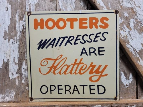 VINTAGE HOOTERS PORCELAIN SIGN OLD BARTENDER BAR RESTAURANT WAITRESS BROTHEL