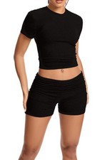 Workout Outfits for Women 2 Piece Set Short Sleeve Tops Slim Foldover Shorts ...