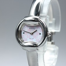 [Near MINT] GUCCI 1400L 25mm Pink Shell GG Dial Silver Quartz Womens Watch JAPAN