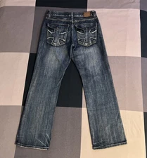 VTG Y2K Fly Paper Jeans Mens 32x34 Blue Relaxed Bootcut Distressed Cross Pocket
