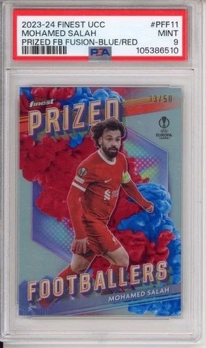Mohamed Salah 2023-24 Finest UCC Prized Footballers Fusion Blue/Red 33/50 PSA 9