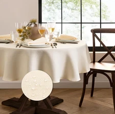 ELRENE IVORY LAUREL SOLID TEXTURE STAIN PROOF POLYESTER TABLECLOTH 90"ROUND NEW