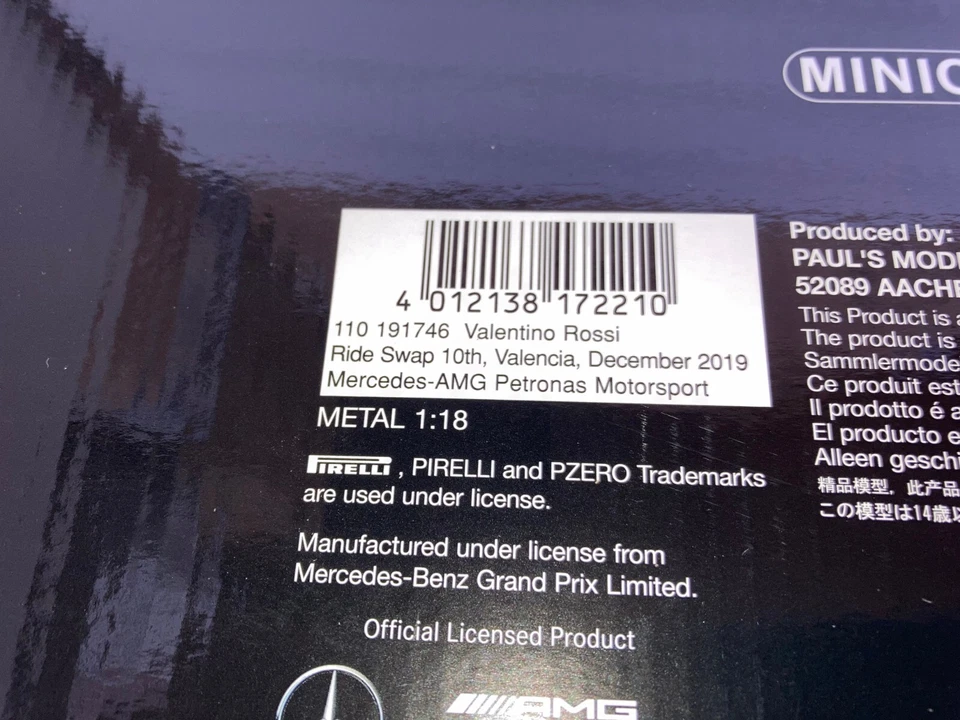 110191746 MINICHAMPS 1:18 MERCEDES PETRONAS ROSSI 2019 RIDE SWAP VALENCIA 804 - Immagine 3 di 4