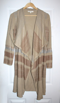 Indigo Thread Womens L Beige Brown Striped Cardigan Sweater Duster New