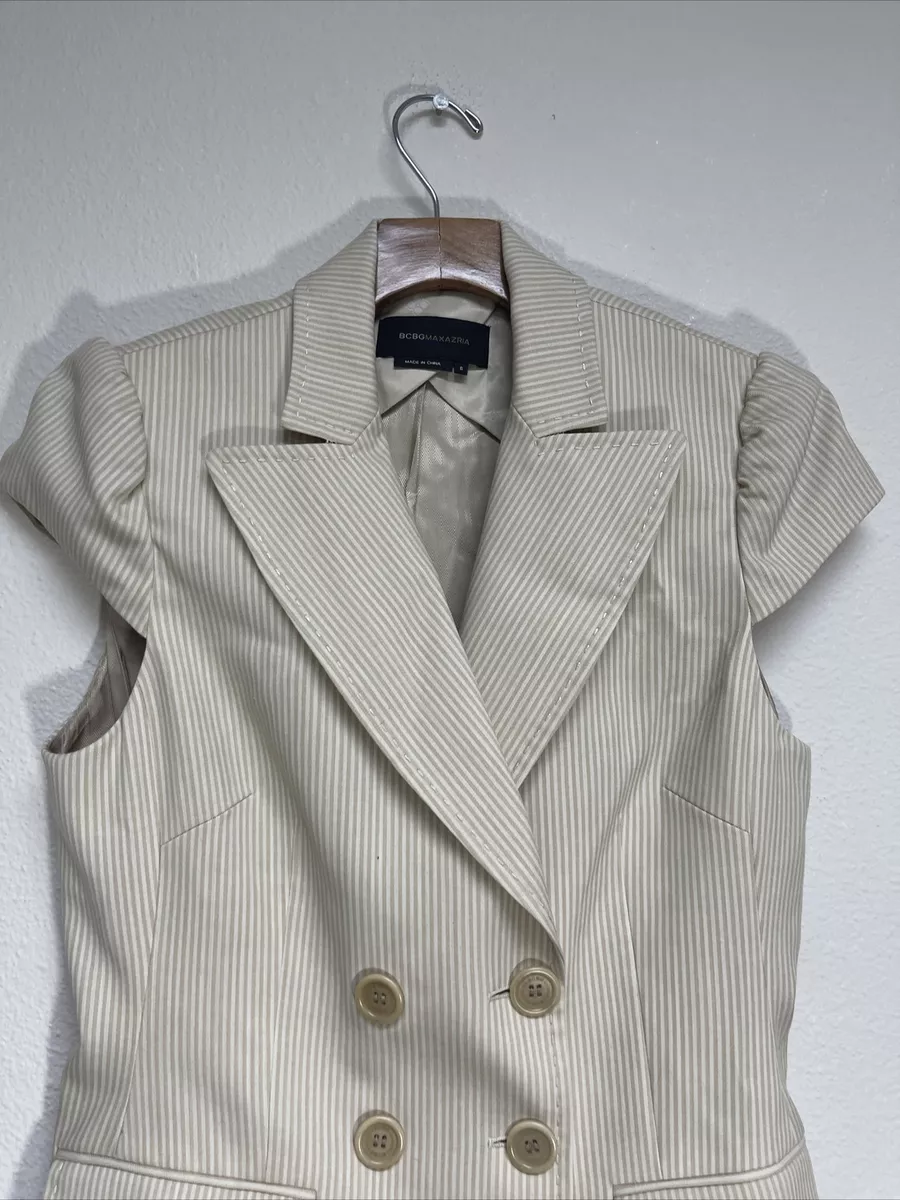 BCBG MaxAzria Tan and White Striped Sleeveless Button Front Vest