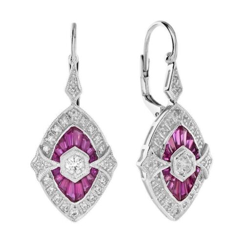 Diamond and Ruby Marquise Shape Drop Earrings in 18K White Gold - Picture 1 of 5