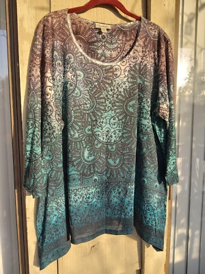 Dressbarn Size 3X Gree Rhinestone Tunic Top Boho 3/4 Sleeve