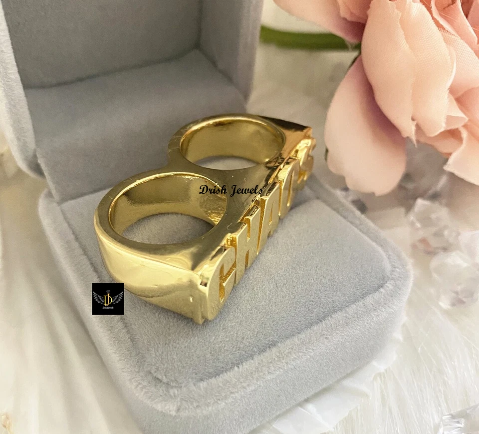 Твердый металл мужской заказ письмо имя 2 пальца кольцо 14K желтое золото покрытием серебра - Изображение 4 из 4