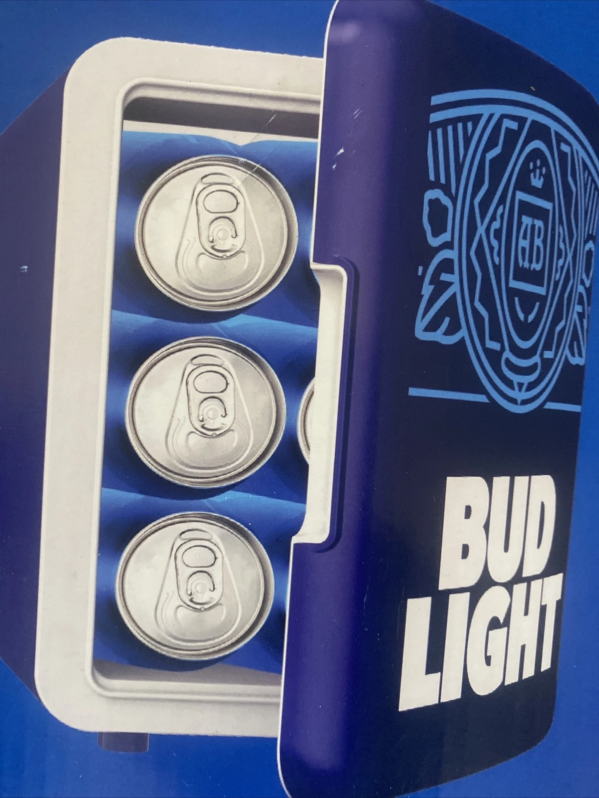 BUD LIGHT Mini Fridge 6 Can/4 Liter Capacity Mini Beverage Cooler Portable Blue