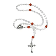 HANDMADE Catholic Pearl Beads Rosary for Women, White Pearl Rosary Necklace w...