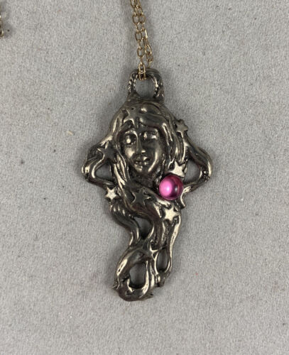 Celestial Art Nouveau Moon Goddess Pendant Fine Cast Pewter Charm Amulet Chain - Picture 1 of 5