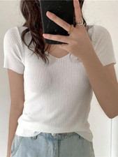 Basic V-Neck Thin Summer Knitted Ribbed Shirt Short Sleeve Top Women's Wear HOT