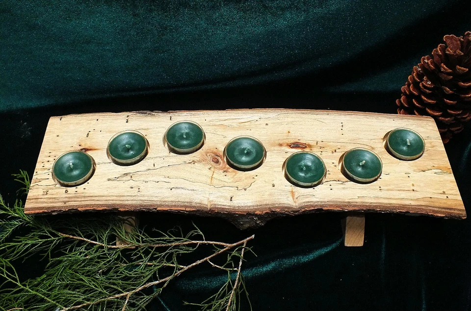 Soporte de luz de té de troncos, centro de mesa, vacaciones, campo, rústico, borde vivo Foto 4 de 4