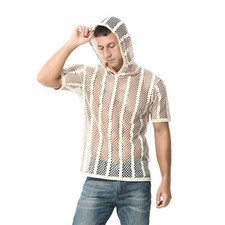 Mens Mesh Fishnet Short Sleeve Hooded T-Shirt See through Sport Undershirt Club