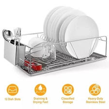 Kitchen Stainless Steel Dish Drying Rack with Cutlery Holder Drainer Organizer