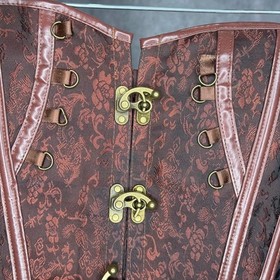 Brown Floral Brocade Steampunk Corset Top Faux Leather Trim Swing Clasp Small
