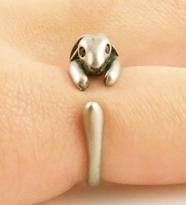 Bunny Wrap Around Ring Black Crystal Eyes silver plated, signed  Wear Felicity  