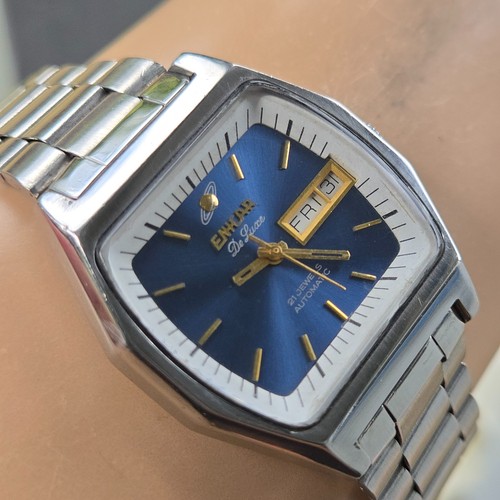 Orologio automatico uomo vintage ENICAR De Luxe giorno/data AR-2158 quadrante blu anni 70 - Foto 4 di 19