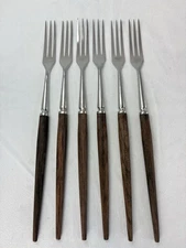 6 Vintage 3 Tine 10.5" Fondue Forks Wood Handle MCM Stainless Steel Japan