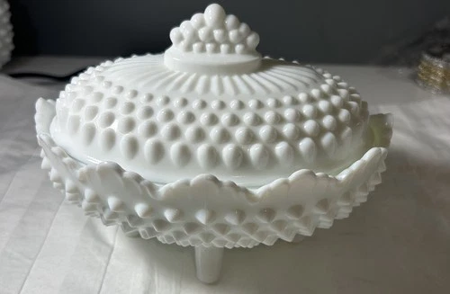 Vintage Fenton Milk Glass Oval Footed Candy Dish with Lid
