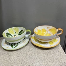 2 Sets Large Mug Plate Soup Bowl Italy Hand Painted Fruit Flower MAJOLICA in EUC