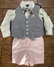 Nautica Boys 18M 4-Pc Set w/Dress Shirt Bow Tie Vest  Shorts Preppy Pink Plaid