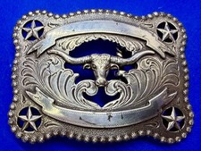 Texas Lonestar Longhorn Cow Bull Head Steer Openwork Vintage Nocona Belt Buckle