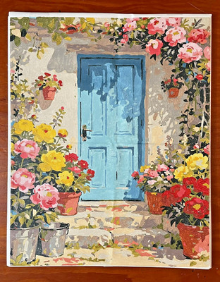 Completed Paint-by-Number Floral Cottage Door | Blue Door & Peonies 16x20''