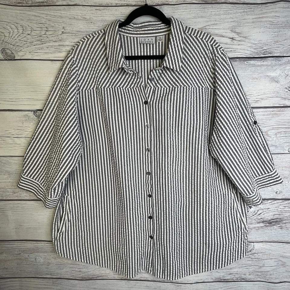 Camisa Seersucker Joan Rivers Para Mujer 3X Azul Marino Botones a Rayas Dobladillo Alto Bajo Náutica Foto 3 de 4