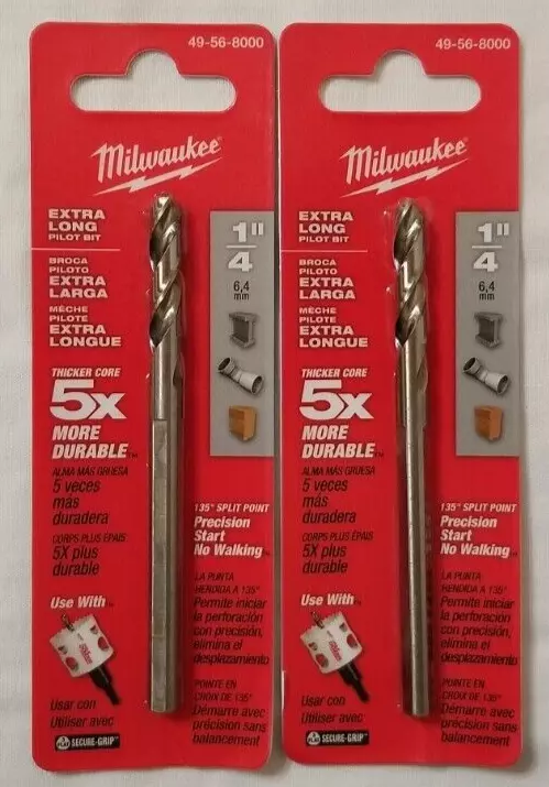 2 Pack Milwaukee Hole Saw Extra Long Pilot Bit 1 4