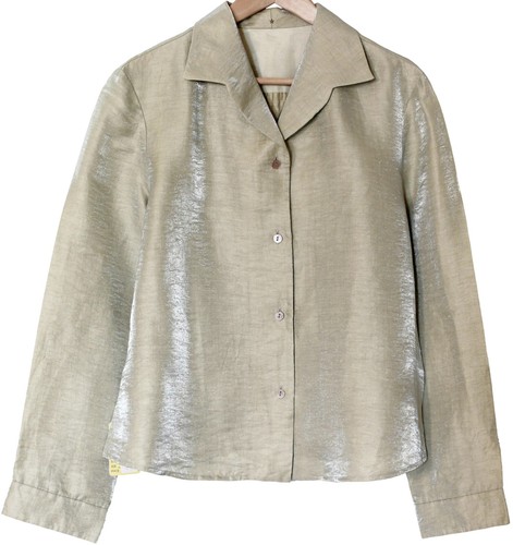 Peter Cohen NWT Pale Gold Shimmer COLLARD BUTTON-UP SHIRT TOP Linen Polyamide L